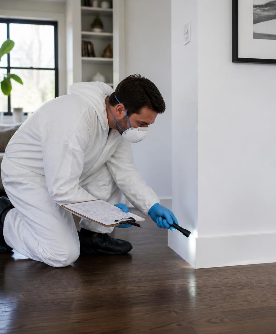 Technician inspecting mattress seams and bed frame joints for signs of bed bugs in Perth