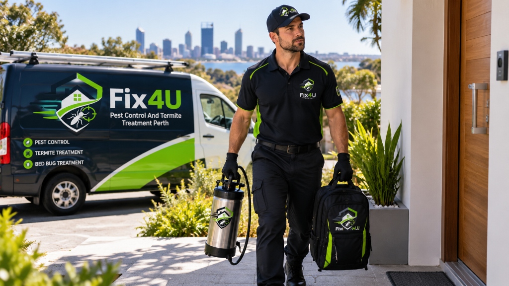 Licensed Fix4U pest technician arriving in branded service van for professional bed bug treatment in Perth with city skyline