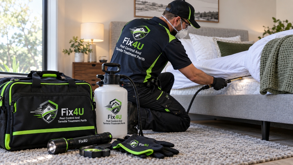 Licensed Fix4U technician inspecting mattress piping seams and bed frame joints for bed bugs in a Perth home