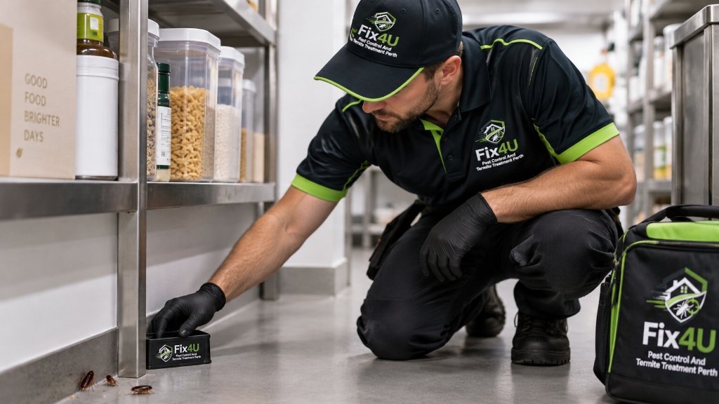 Licensed Fix4U technician deploying targeted cockroach bait station along floor skirting in food storage pantry in Perth