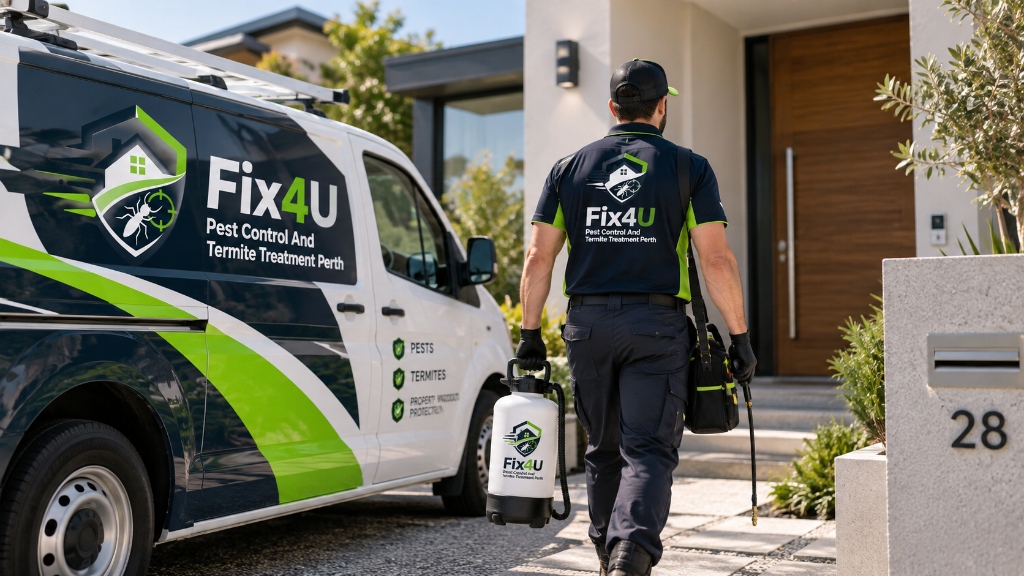 Licensed Fix4U pest control technician arriving on site with branded service vehicle and professional equipment to treat a Perth home for cockroaches