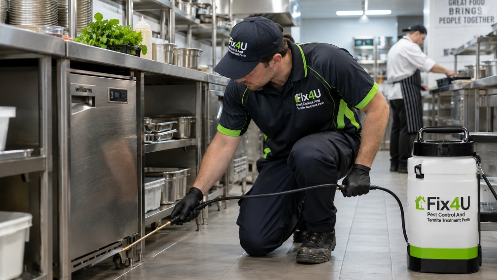 Licensed Fix4U pest control technician applying targeted perimeter barrier beneath stainless steel benches in an active commercial Perth kitchen
