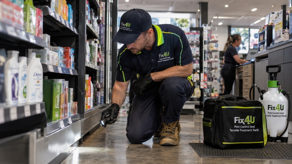 Licensed Fix4U pest technician conducting thorough perimeter and shelf inspection with torch in a Perth commercial retail store