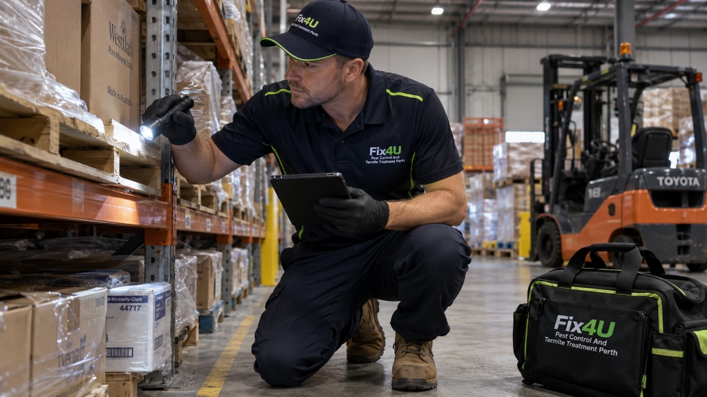 Licensed Fix4U pest control technician conducting comprehensive site audit and logging risk data on tablet in a Perth industrial warehouse
