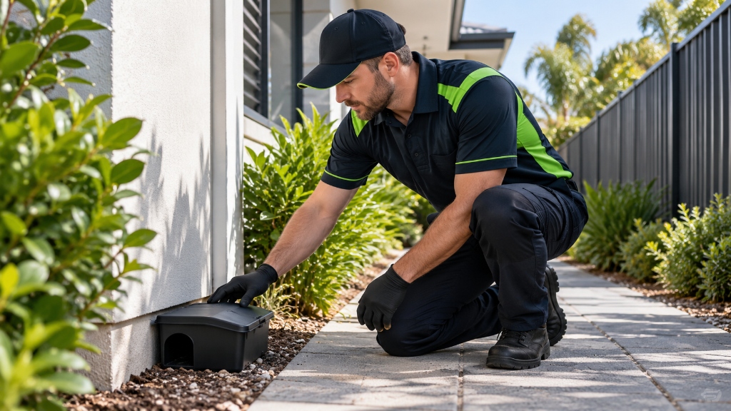 Licensed Fix4U pest control technician installing lockable child and pet resistant rodent bait station along residential perimeter wall in Perth