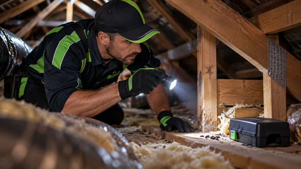 Licensed Fix4U pest control technician inspecting roof cavity, timber trusses, ceiling insulation and rodent droppings with torch in Perth