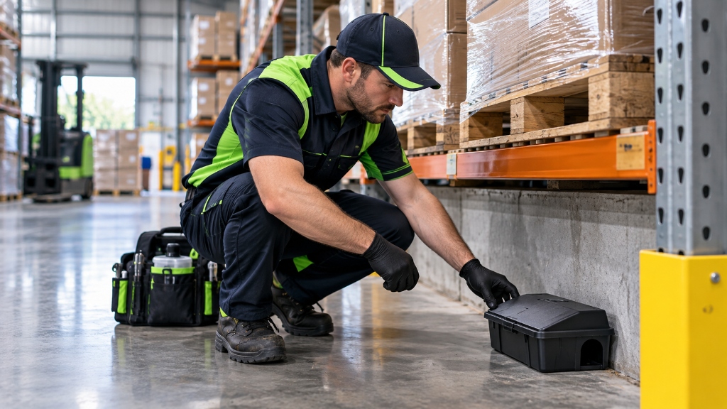 Licensed Fix4U technician servicing a commercial lockable rodent bait station beside pallet racking in a Perth warehouse