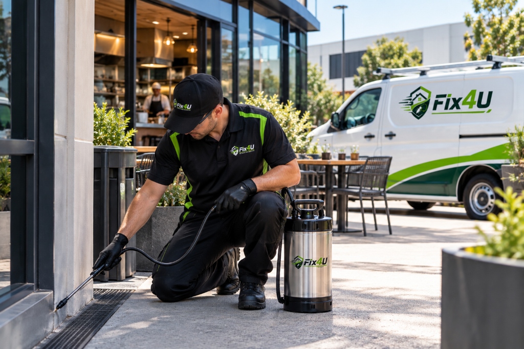 Fix4U commercial pest management technician spraying Perth cafe restaurant and commercial business premises