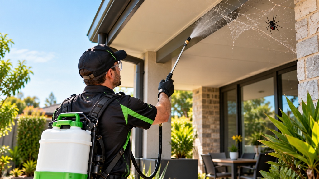 Licensed Fix4U technician applying specialized residual barrier mist to patio eaves and fascia to eliminate spiders in Perth