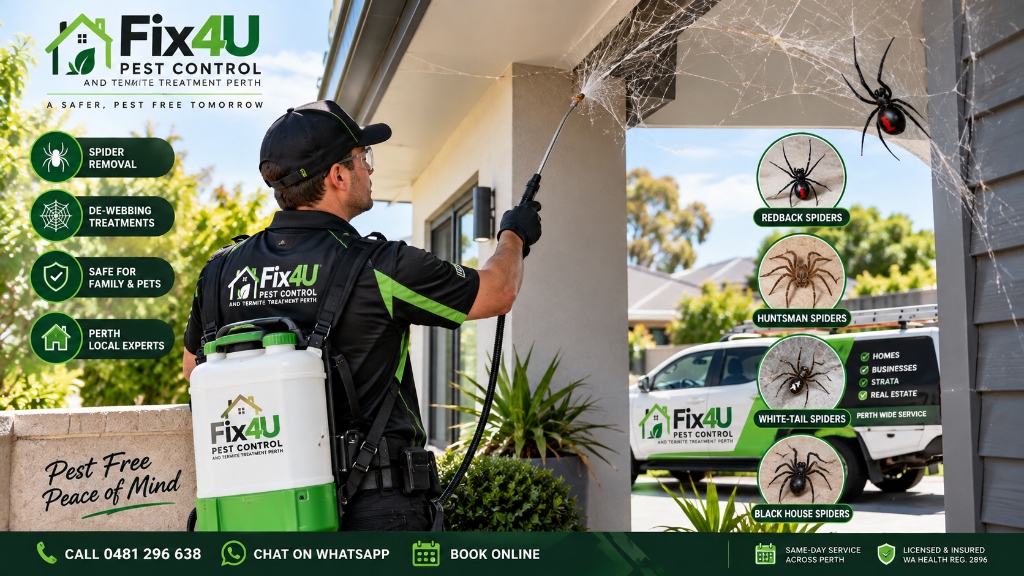 Perth spider species identification guide showing Redback, Huntsman, White-tail and Black House spiders by Fix4U Pest Control