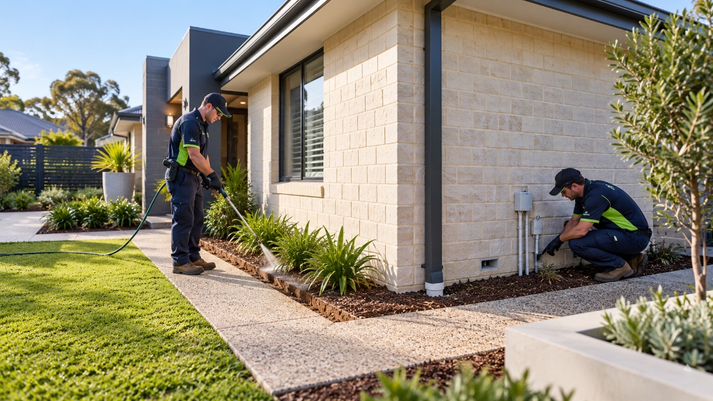 Licensed Fix4U pest technicians servicing external termite reticulation junction manifold box on a Perth home.