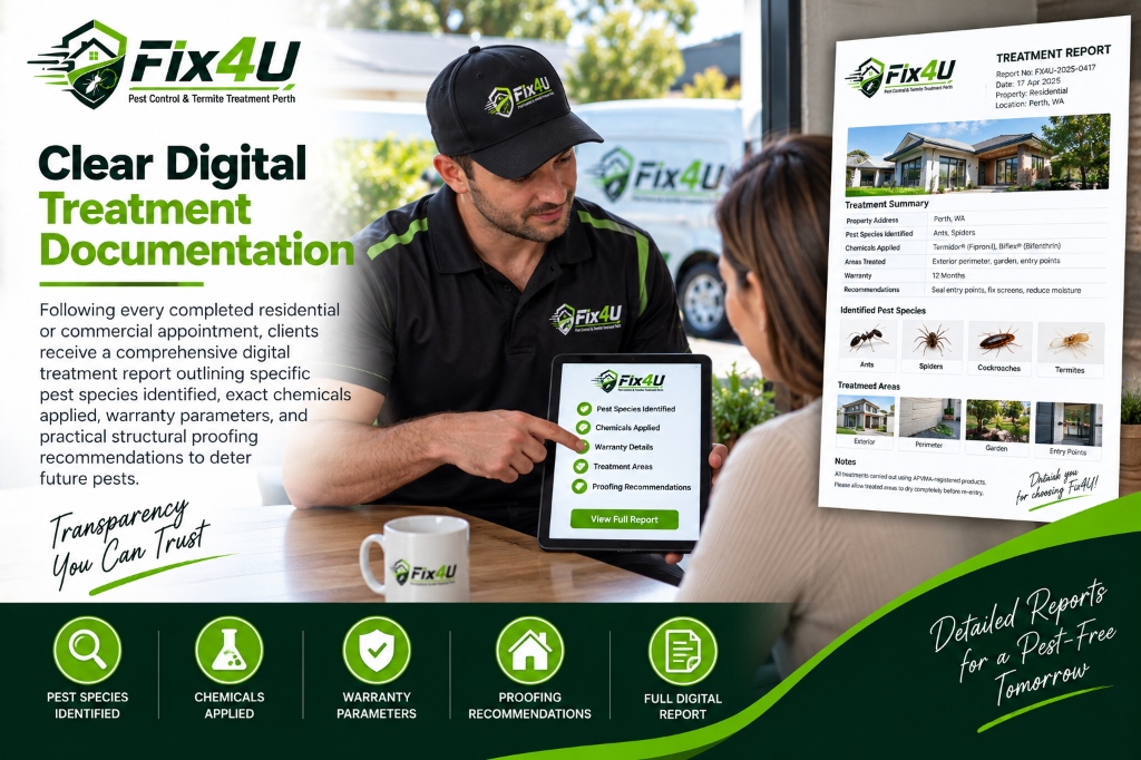 Fix4U technician explaining clear same-day digital pest treatment report on tablet to Perth client