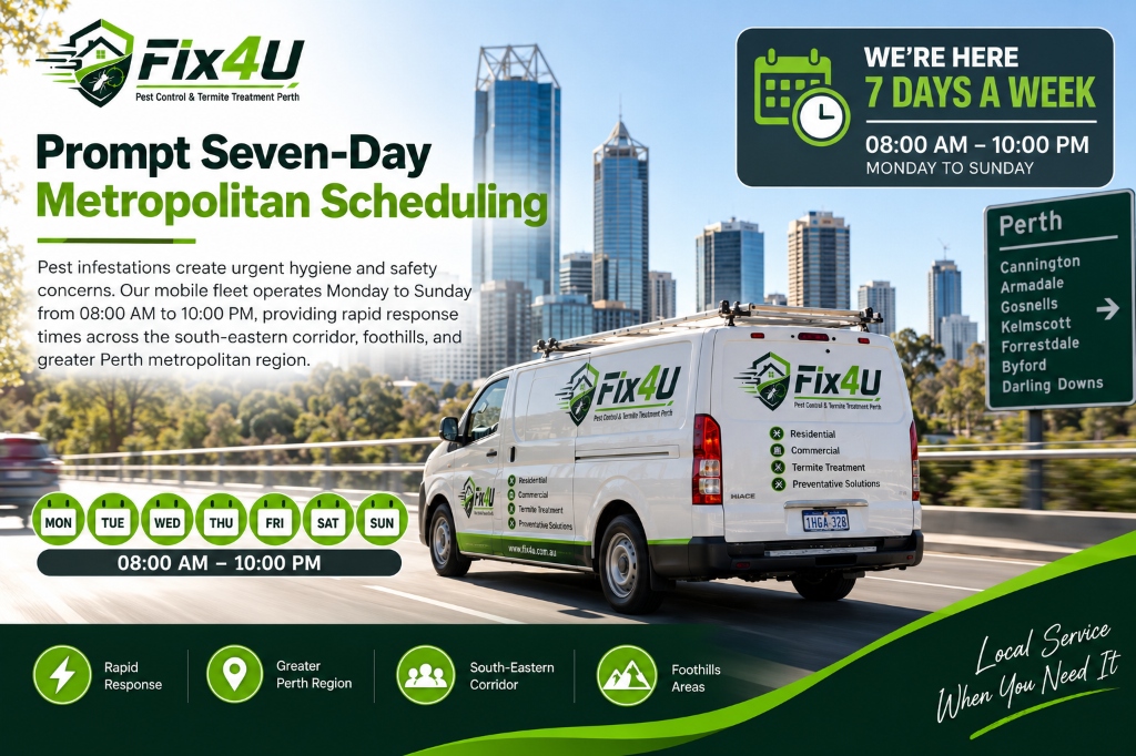 Fix4U mobile pest control fleet servicing Perth metropolitan area Monday to Sunday 8am to 10pm