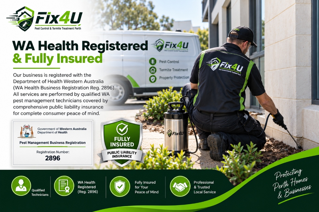 Fix4U WA Health registered pest management business Reg 2896 fully insured Perth technician