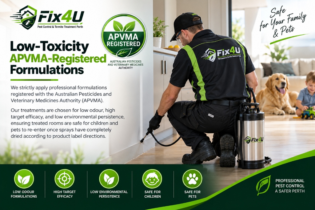 Fix4U low-toxicity APVMA-registered family and pet safe pest control treatment in Perth