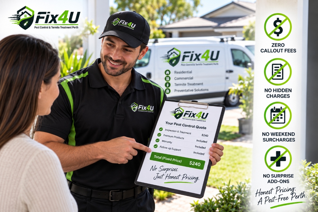 Fix4U pest control technician presenting transparent upfront quote with zero callout fees to Perth homeowner